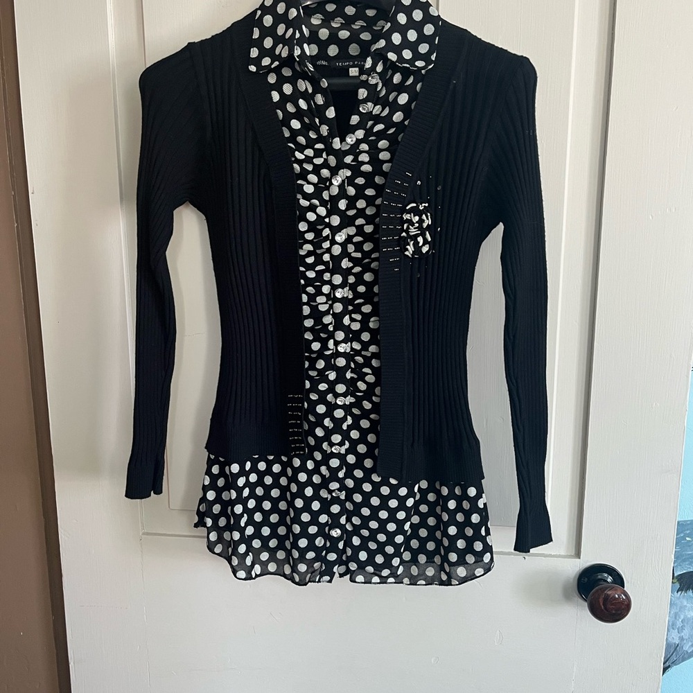 Tempo Paris Black Cardigan and White Polka Dot Embellished Blouse